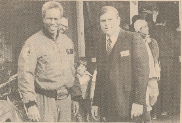 Col. Guion S. Bluford Jr., the first Black astronaut to go into space, visits with Spangdahlem Exchange retail manager Emmett W. Younginer during Black History Month in 1985.