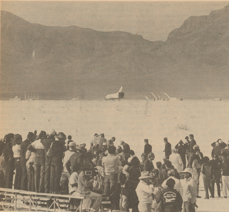 A crowd witnesses the landing of Space Shuttle Columbia at White Sands Space Harbor in 1982.