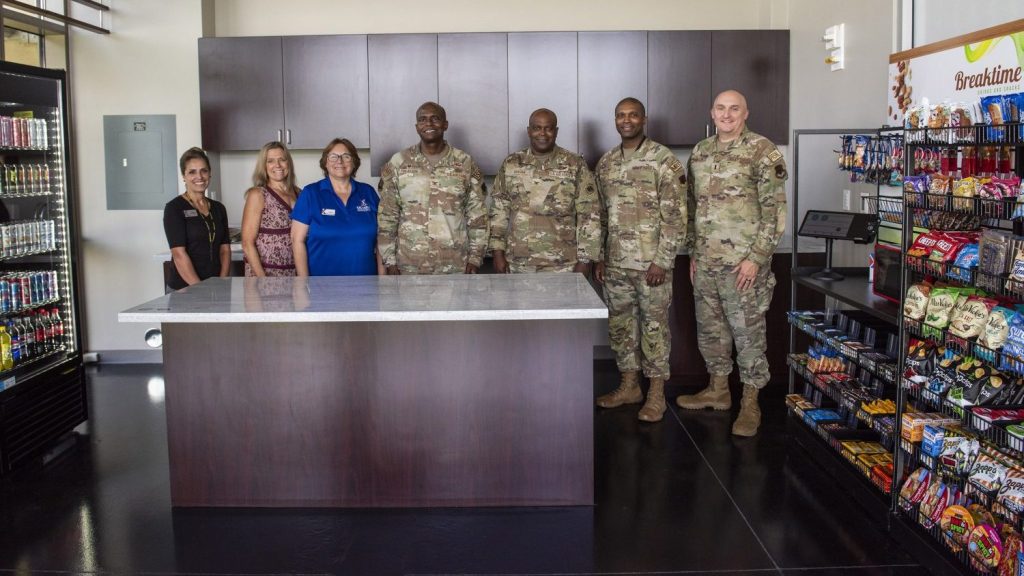 Exchange and military leaders at the new Atomic Cafe at Patrick Space Force Base.