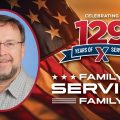 Head shot of Thomas Marsden with American flag background and "129 Years of Family Serving Family" text.