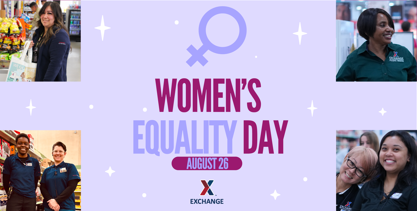 Women's Equality Day logo with four photos of female Exchange associates.