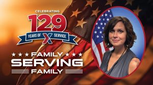 Head shot of IT associate Jennifer Price with text: 129 Years of Family Serving Family.