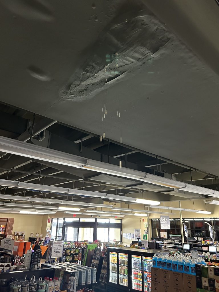 Ceiling damage inside the Patrick Space Force Base Express.