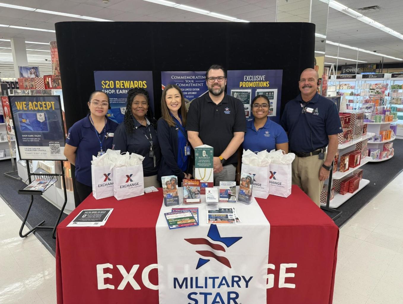 <b>From left: Patrick Space Force Base Sales Area Manager PowerZone/Hardlines Roxanne Culp; Assistant Store Manager Annie Bush; Inventory Control Associate Yuko Legall; Exchange Credit Program Business Development Specialist Cory Dugas; ECP Communications Specialist III Alesis Collins; and Patrick Main Store Manager David Gentry.</b>