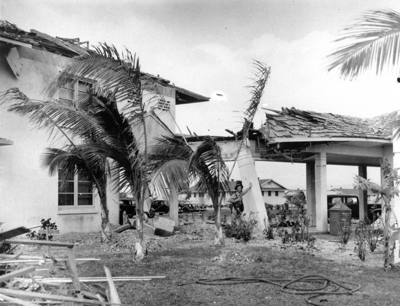 Hickam Field building damage after Pearl Harbor attack.