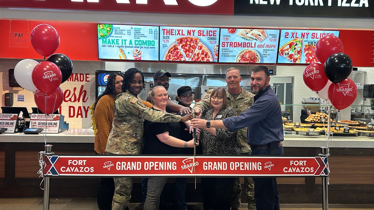 Exchange and Fort Cavazos leaders cut the ribbon on the new Sbarro,