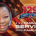 Head shot of Monica Leatch with "129 Years of Family Serving Family" logo.