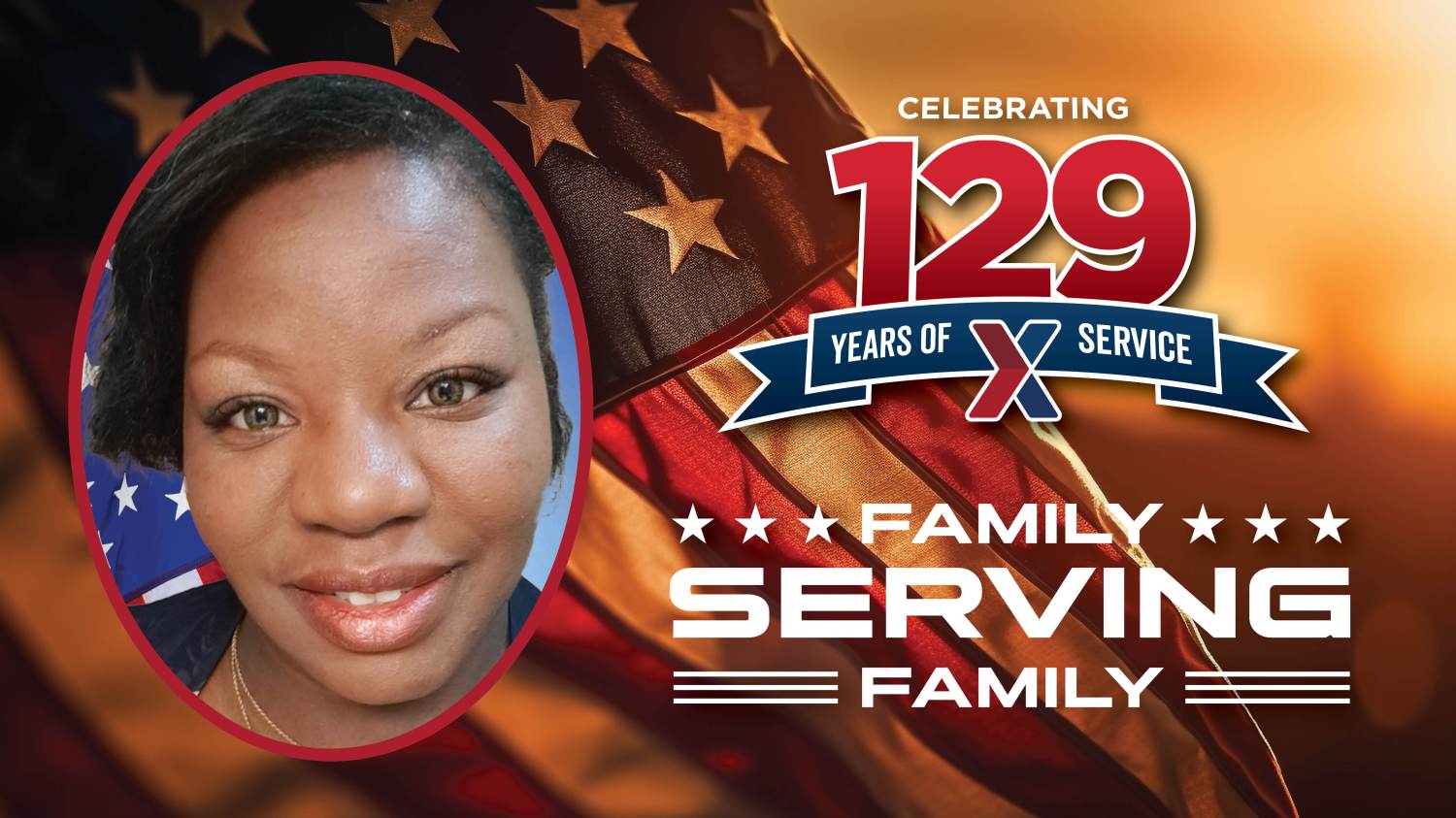 Head shot of Monica Leatch with "129 Years of Family Serving Family" logo.