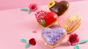 Heart-shaped Krispy Kreme doughnuts.