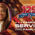 Head shot of Lorraine Brown with "129 Years of Family Serving Family" text.